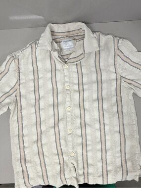 Denim & Flower Cream Short-Sleeve Button-Down with Navy & Tan Stripes